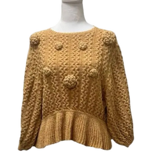 ZARA Peplum Knit Pom Pom Embroidery Sz Small Mustard color Sweater